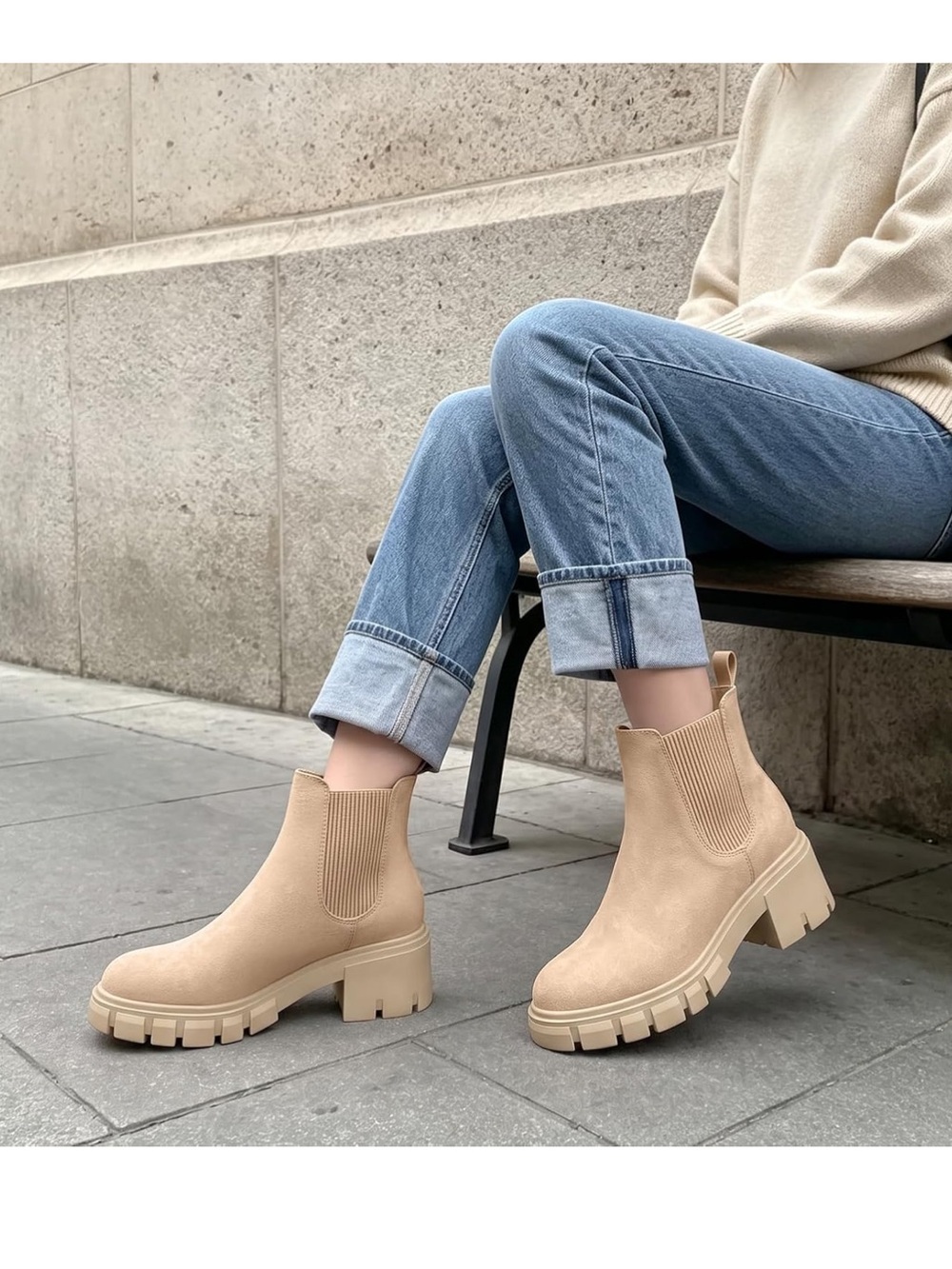 Women's Chunky Slip On Chelsea Ankle Boots - Beige Suede